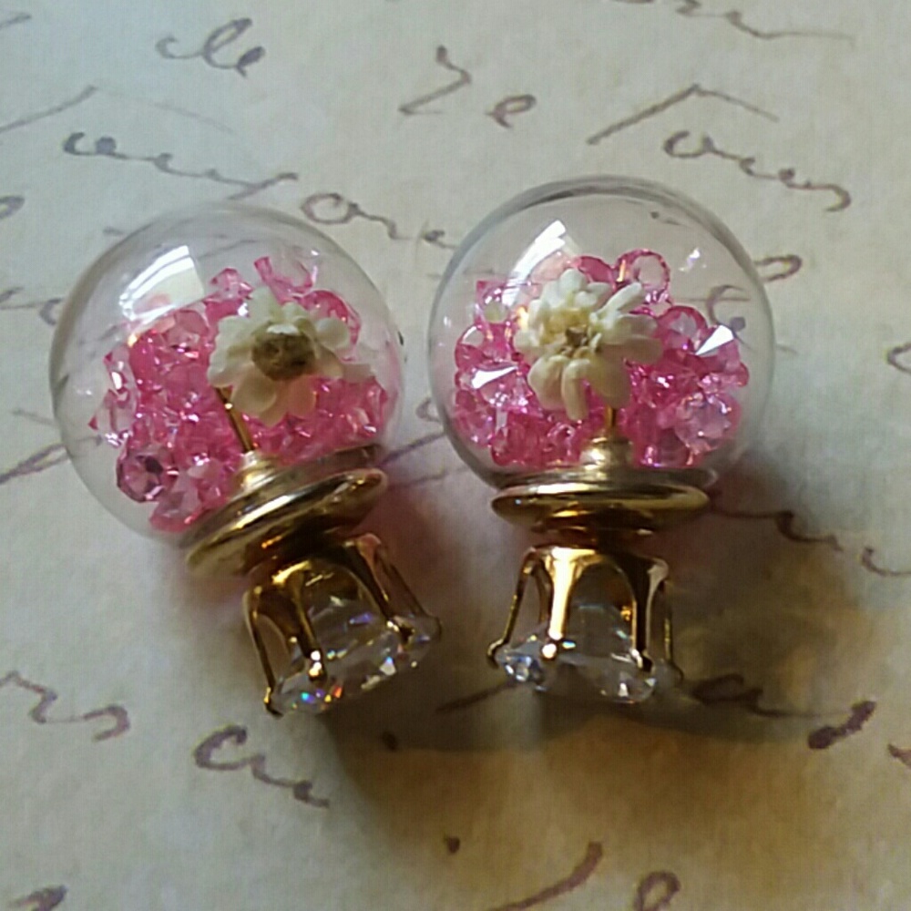 Gorgeous Pink double sided glass flower earrings